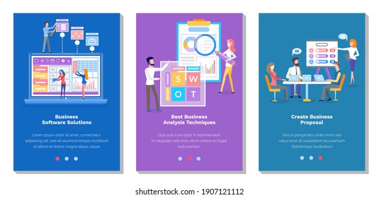 Set of illustrations on the topic of business statistics and analysis. Webpage template concept. Colleagues work with technology. Characters discuss ways to improve the business intelligence website