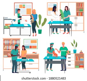 Set of illustrations on the topic of caring for the health and condition of pets in a vet clinic. Assistants and owners help in the treatment process. Professional consultation about domestic animals