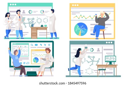 Set of illustrations on the topic of chemical research and statistics. People are playing cards. Chemists are monitoring the progress. Girl is holding a flask with an unknown liquid in her hands