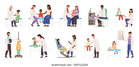 A set of illustrations on the topic children with parents at the appointment. Kids in the hospital. The pediatrician examines and analyzes the health status of patients. Physician helps treat people