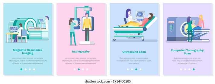 A set of illustrations on the topic of diagnosing diseases and working with special equipment. Treatment of illnesses and symptoms in the hospital. People visiting specialists at the hospital