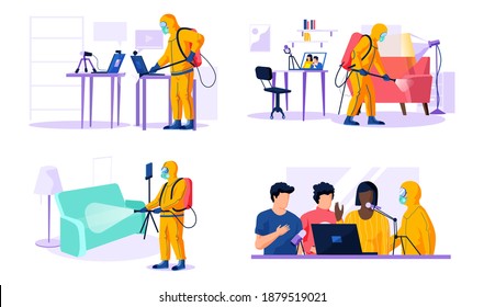 Set of illustrations on the topic of disinfection of premises. Man in chemical protection suit cleans surfaces. The guy works on the apartment and the recording studio. People sing into the microphone