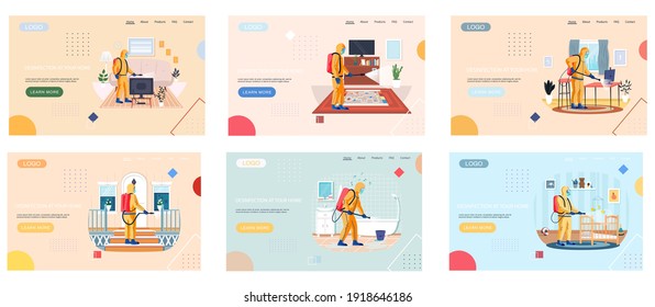 Set of illustrations on topic of disinfection and protection at home. Website landing page template. Sanitary inspection worker sprays liquid from cylinder. Man in protective suit cleans rooms