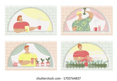 set of illustrations on the topic: homework. Man and girl near a window. Self isolation on a balcony. Stay home lifestyle. Quarantine pandemic coronavirus. Flat vector illustration