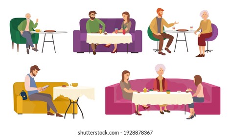 Set of illustrations on the topic of joint dinner with food. People communicate while eating. Tasty dinner at home vector illustration. Nutrition with acquaintances isolated on white background
