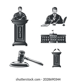 Set of illustrations on the topic: judge justice and law. Black and white illustration on white background.