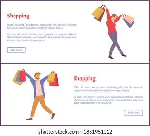 Conjunto de ilustraciones sobre el tema de las compras en línea. Un par disfruta de las compras en la tienda. La joven chica de moda recoge paquetes y cruza sus piernas. Gente comprando texto en segundo plano