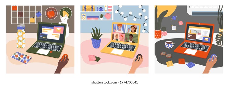 A set of illustrations on the topic of online work, conferences and online communication. A woman sits at home at a table, works on a laptop, communicates with friends on an online broadcast. Vector.