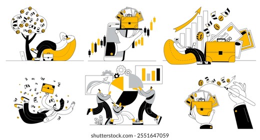 Set of illustrations on the topic of passive income. Man sitting with a laptop. Character admiring his money tree. Vector illustrations in cartoon linear style.