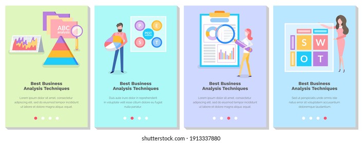 Set of illustrations on the topic of people studying the best business analysis techniques. Website landing page template. Cartoon characters examining statistics in the background vector illustration