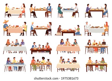 Set of illustrations on the topic of people dine on traditional dishes from different countries. People communicate together. Characters eating national meals. Families isolated on white background