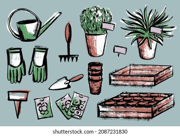 A set of illustrations on the topic of planting plants. A tool with seedlings, pots, boxes and a flower in a pot. In the style of a casual grunge sketch by hand.