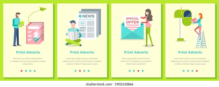 Set of illustrations on the topic of print adverts. People send and receive letters. Website landing page template. Distribution of advertisements in ads concept. Special offers and news on paper