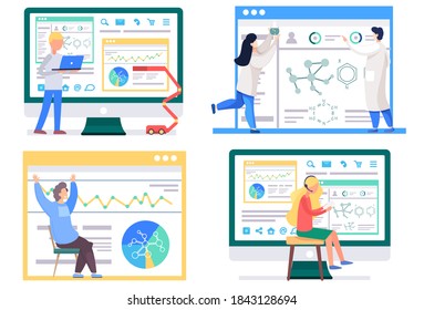 Set of illustrations on the topic of research statistics and working with analytics. Sceintist conducts an experiment. People are freelancing with technology. Girl in headphones with a sheet of paper