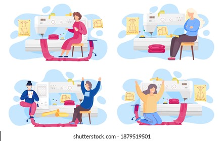 A set of illustrations on the topic of tailoring in the studio. People are planning design of clothes. Colleagues are working with sewing machine. Girl with a piece of fabric in the atelier