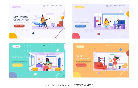 Set of illustrations on topic of teaching music and musical notation. Musicians are playing guitar. Online professions, singing songs and learning to play guitar. Guitarists compose melodies