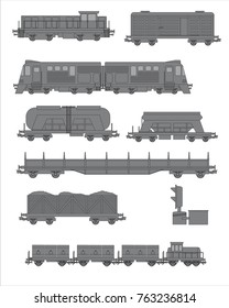 A set of illustrations on the topic of trucking by rail