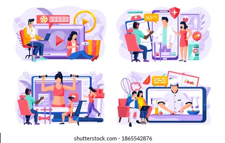 Set of illustrations on the topic of video lessons on the screen. Video recording of culinary blog. Girl athlete lifts dumbbells and do sports. Couple watching movies. Online consultation with doctor