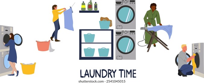 A set of illustrations on the topic of washing clothes. Laundry time. Vector illustration.