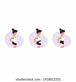 A set of illustrations on the topic of wearing a bandage during pregnancy and after childbirth. Vector illustration in a flat style.