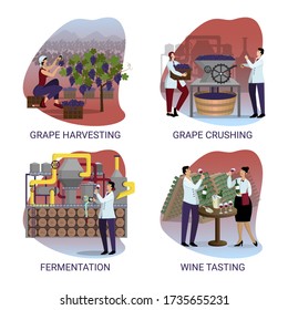 Set of illustrations on the topic of wine production. Stages of industrial winemaking. Harvesting grape. Grape crushing in masher. Fermentation and aging. Wine tasting in winery. Vector flat cartoon