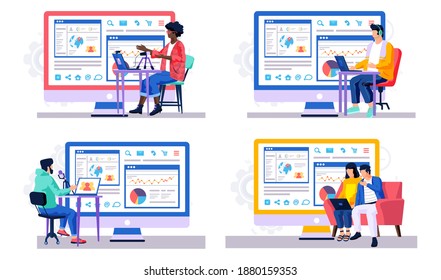 A set of illustrations on the topic of work with statistical data. People in the studio are recording tracks. Economic research graphs on the monitor. People speaking and singing into the microphone