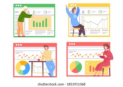 A set of illustrations on the topic of working with data graphs. People play games and do analytics. Girl in red dress sits with cards in her hands. Man happily raises his hands up. Data analysis