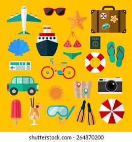 Set of illustrations on vacation. On a yellow background. 