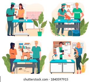 Set of illustrations on veterinary theme. Veterinarian’s office with surgical or examination table. Treat pets. Consultation with vets. Medical manipulations. Veterinarian and veterinary Nurse