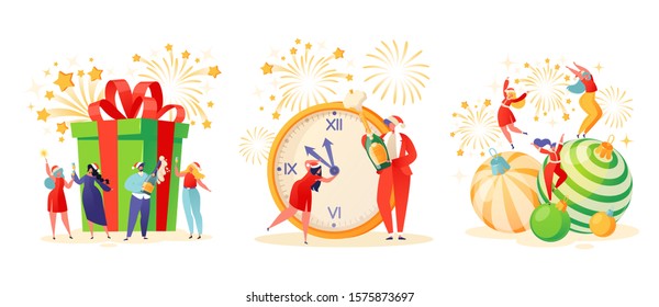 Set of illustrations on winter holidays theme. Flat people characters celebrate New Year and Christmas. Group of colleagues on corporate party, couple with champagne and big clock, dancing girls.