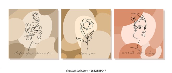 Set of illustrations with one line continuous woman face, flowers composition and calligraphy phrase. Abstract contemporary collage with geometric shapes. Design templates for social media stor