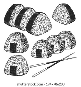 Set of illustrations of onigiri in engraving style. Design element for poster, card, banner, flyer, menu, emblem. Vector illustration