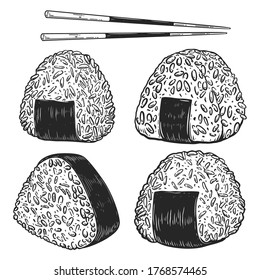 Set of illustrations of onigiri in engraving style. Design element for poster, card, banner, flyer, menu, emblem. Vector illustration
