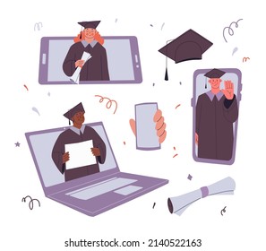 Set of illustrations of online learning graduates. Student in a graduation gown and a hat gets out of the gadget. Internet education.