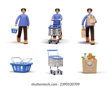 Set of illustrations for online store. 3D empty basket, trolley, bag with products. Realistic buyer in process of selection and purchase. Vector colored template on white background