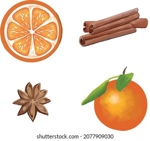 CONJUNTO DE ILUSTRACIONES: NARANJA Y CINNAMÓN