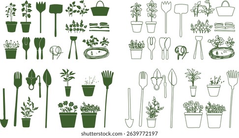 Set of illustrations of ornamental plants and gardens such as flower pots, soil shovels, water hoses and water sprinklers.