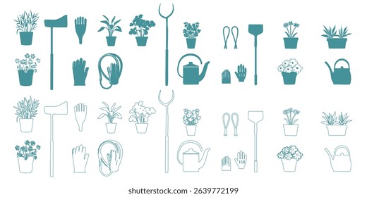 Set of illustrations of ornamental plants and gardens such as flower pots, soil shovels, water hoses and water sprinklers.