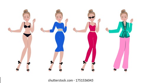 A set of illustrations of outerwear and underwear for a modern woman. Bright spring-summer image of a young woman. Female figure in stylish clothes. Summer fashion for women.