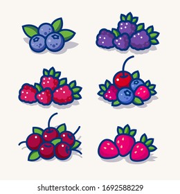 Set of illustrations for packaging. Berries with leaves. Blueberry, blackberry, raspberry, mix of different berries, cherry, strawberry.