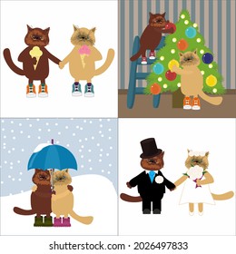 set of illustrations with pair of cats
