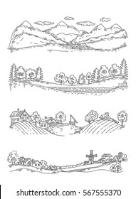 set of illustrations of panoramas: mountains, forest, farm, village