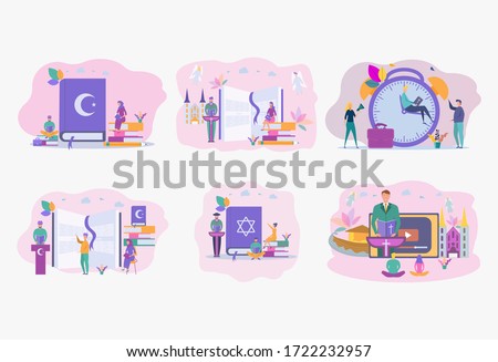 Set illustrations. The pastor conducts online service to God. Online sermon system, the concept of studying the word of God. Personal blog of a pastor or priest. Colorful vector illustration.