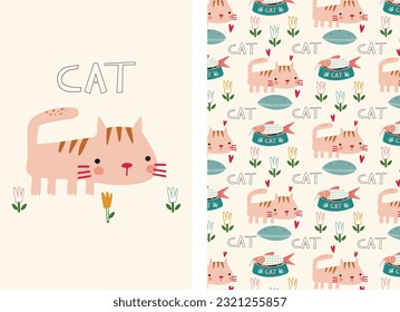 set of illustrations and patterns with a ginger cat, flowers and a portion of fish on a beige background.