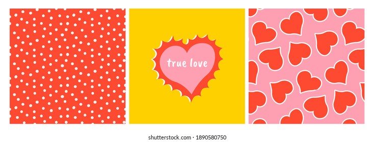 Set of illustrations and patterns with hearts and dots. Trendy hand drawn illustration. True love. For textile prints, posters, postcards.