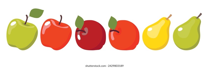 A set of illustrations of pears and apples of various shapes and colors. Vector clipart.