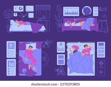 Set of illustrations with people about sleep tracking flat style, vector illustration isolated on purple background. Decorative design elements collection, sleep quality measurement with modern tools