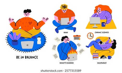 Set of illustrations of people with burnout at work, psychological problems, depression, fatigue. Hand drawn illustration in a minimalistic, naive style isolated on white background