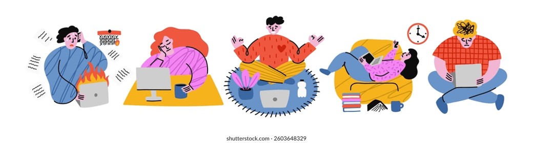 Set of illustrations of people with burnout at work, psychological problems, depression, fatigue. Hand drawn illustration in a minimalistic, naive style isolated on dark background
