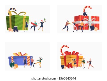 Set of illustrations with people dancing and celebrating Christmas. New Year, family, gift. Vector illustration with holiday concept for banner, website design or landing web page